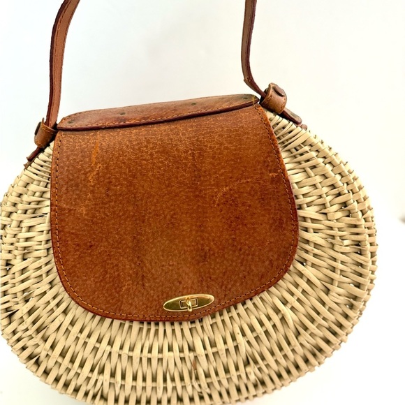 Vintage 50s Art Deco Shell Wicker Leather Basket Bag Retro Rockabilly Pinup Boho - Picture 6 of 11